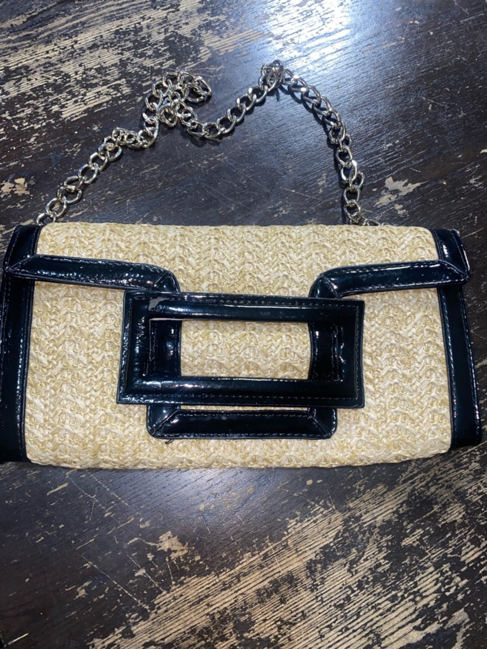 Sondra Roberts Natural Straw Clutch with Black Patent Trim